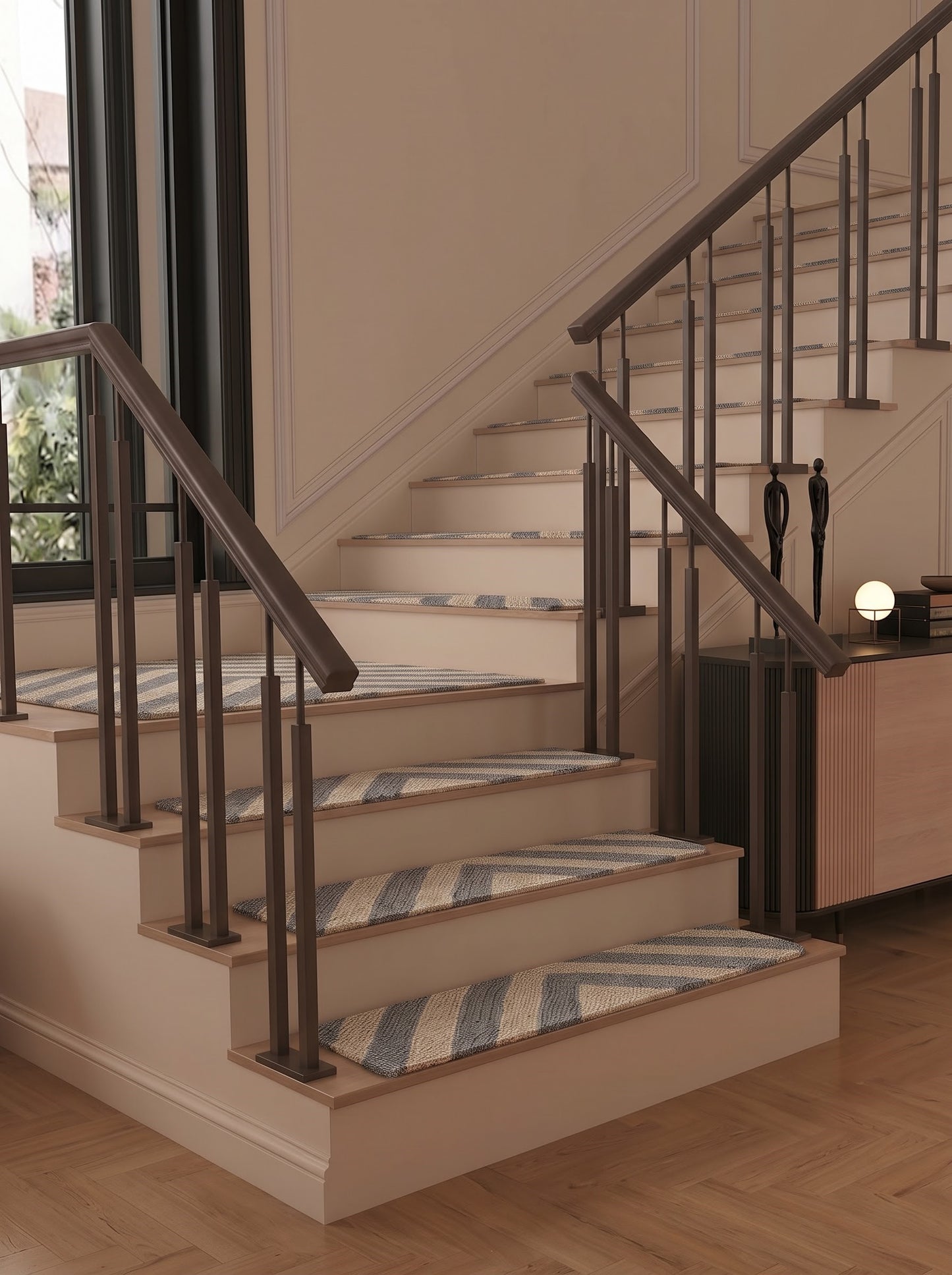 Grey Chevron Braided Jute Stair Treads, Natural Fiber Boho Farmhouse Carpet