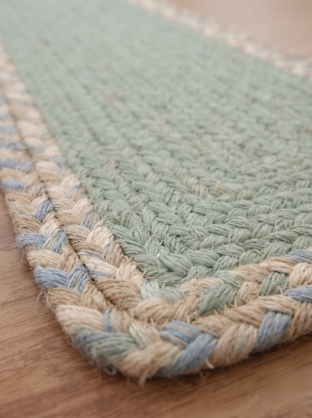 Handmade Eucalyptus Green Stair Treads, Braided Design with Tweed Border, Japandi Decor