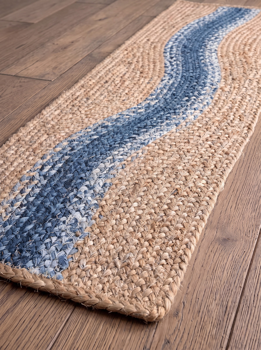 Handwoven Jute Cotton Stair Treads, Blue River Curve Design Step Mats