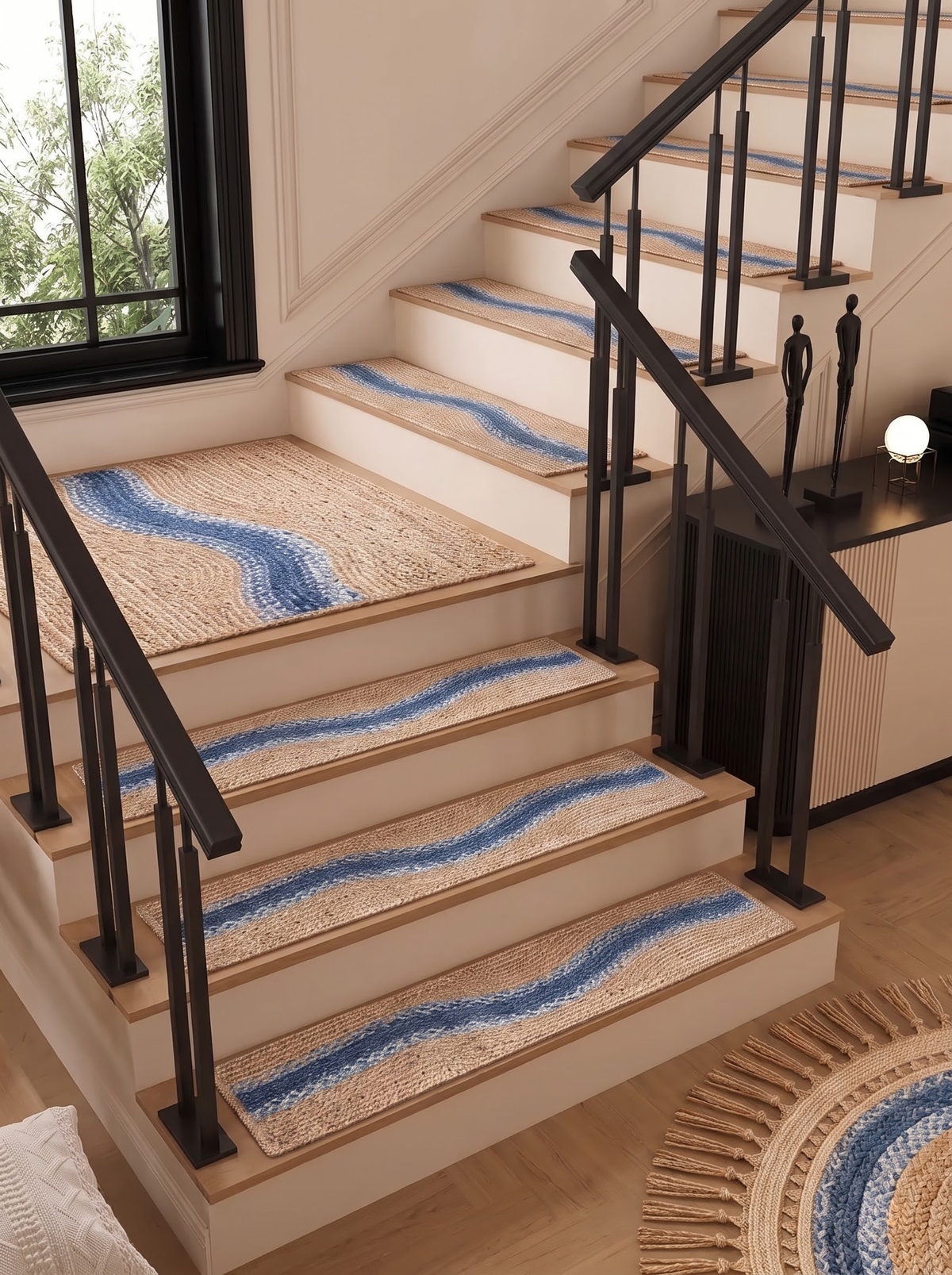 Handwoven Jute Cotton Stair Treads, Blue River Curve Design Step Mats
