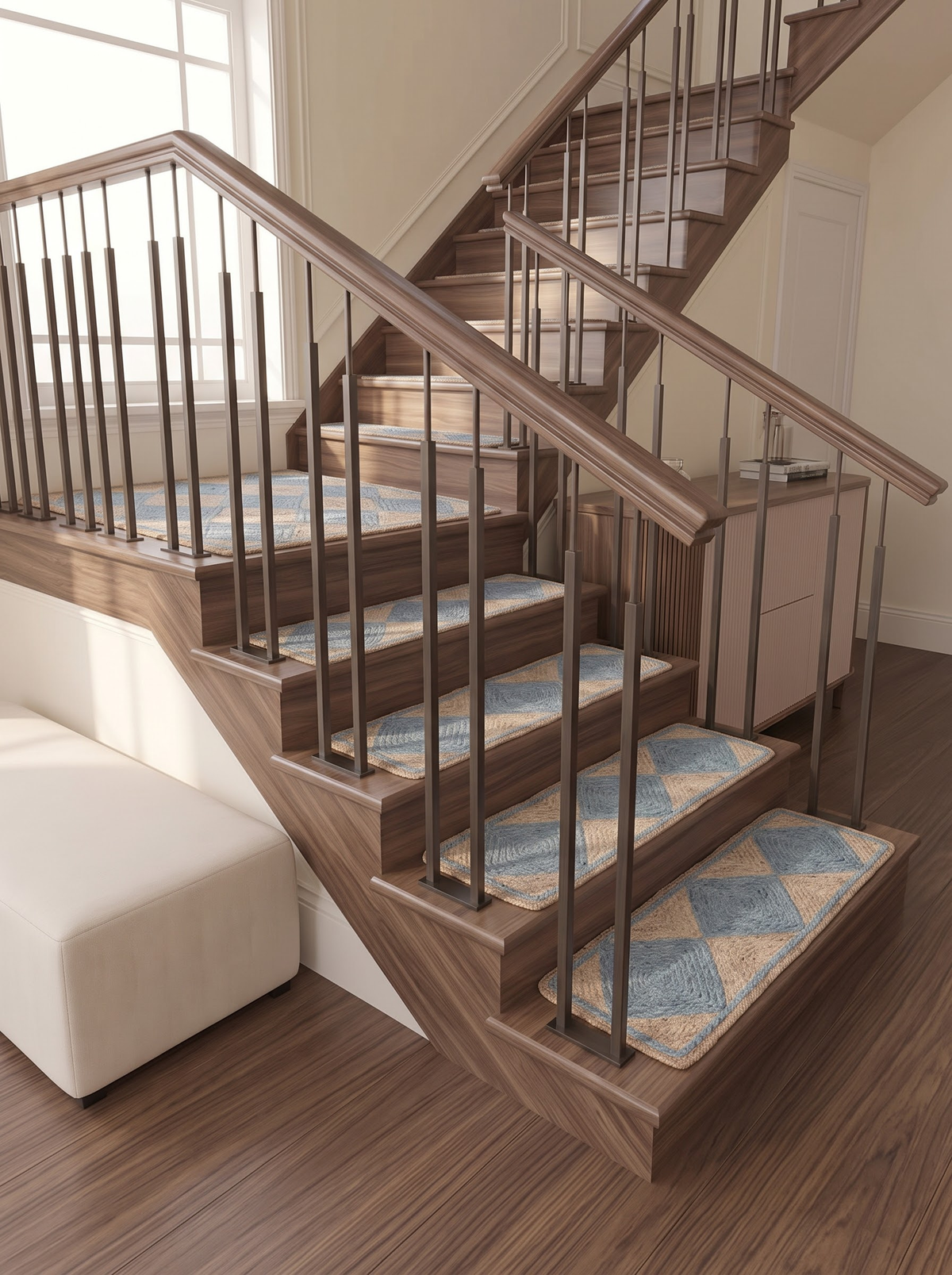 Grey Chevron Natural Jute Stair Treads, Braided Boho Farmhouse Step Mats