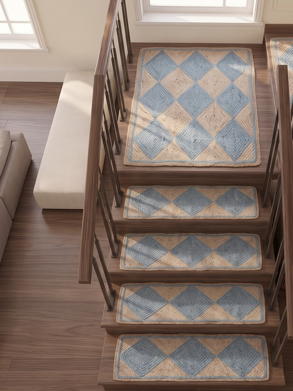 Grey Chevron Natural Jute Stair Treads, Braided Boho Farmhouse Step Mats
