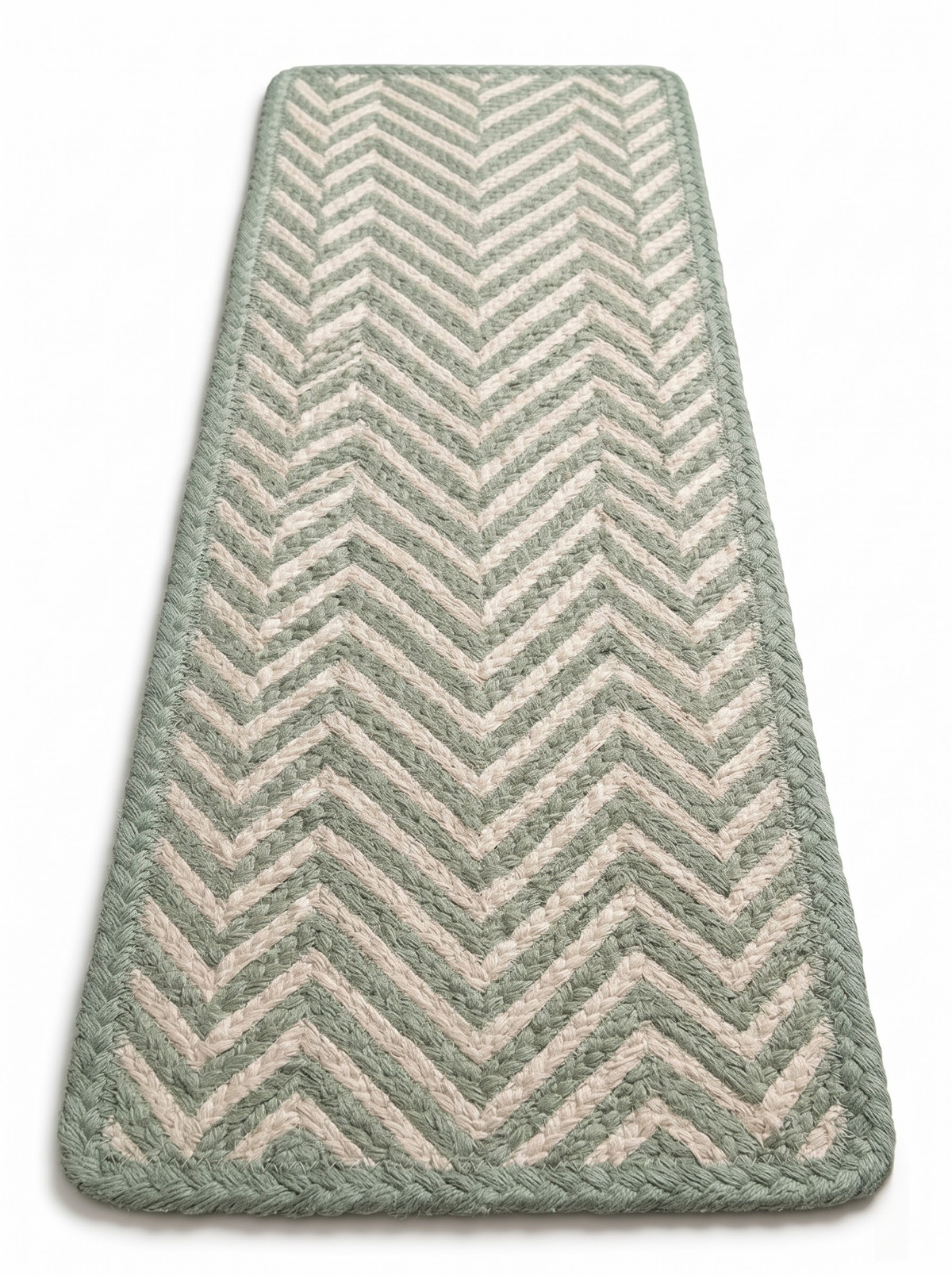 Celadon Green Handwoven Flame Stitch Stair Tread Mats, Rounded Corners, Cottage Style Decor