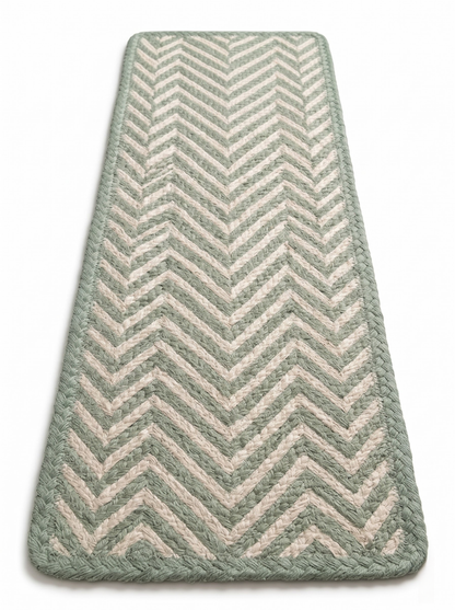 Celadon Green Handwoven Flame Stitch Stair Tread Mats, Rounded Corners, Cottage Style Decor