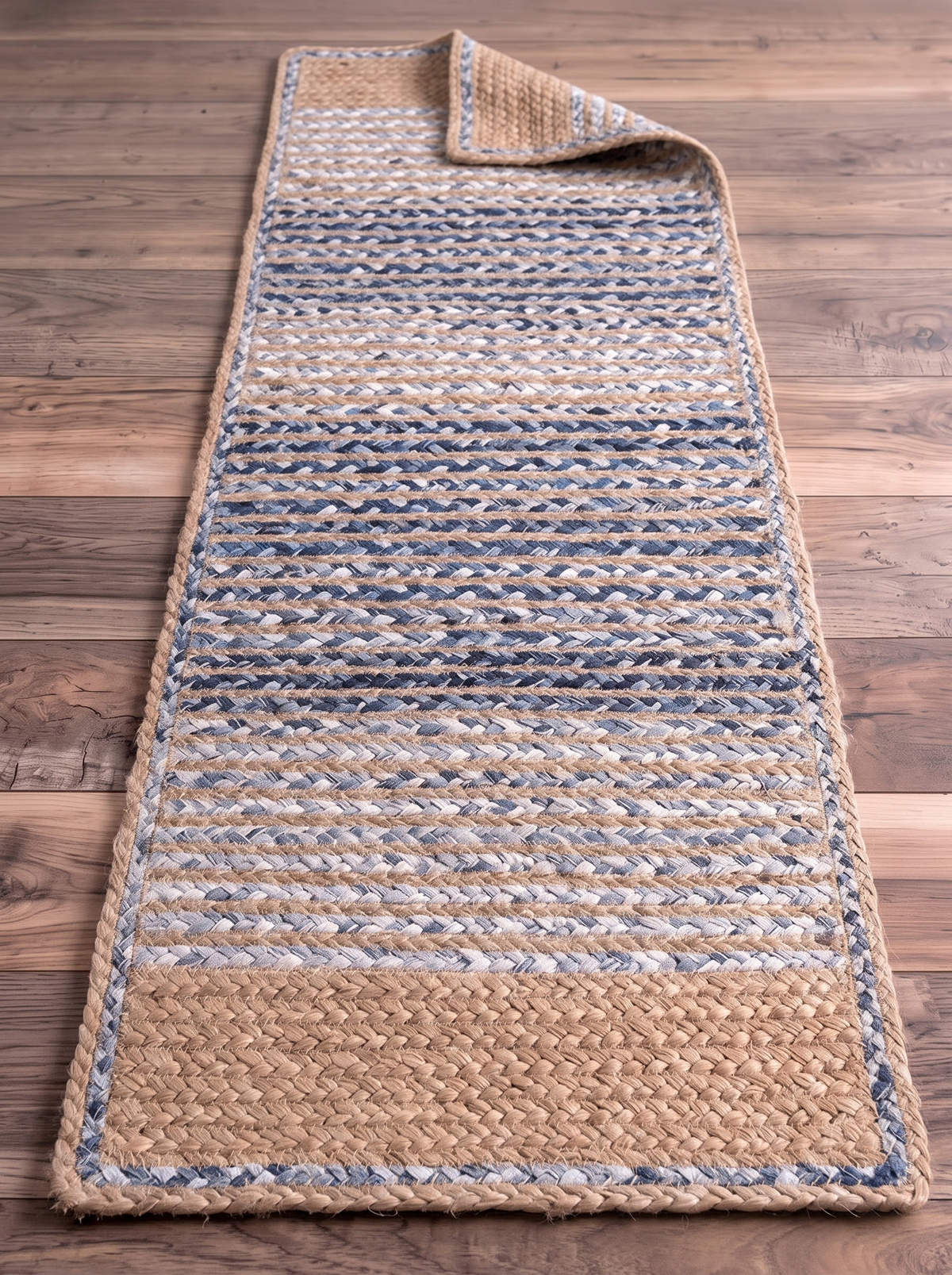 Handwoven Jute Cotton Ombre Rug, Blue Fade Braided Boho Decor