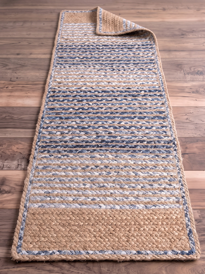 Handwoven Jute Cotton Ombre Rug, Blue Fade Braided Boho Decor