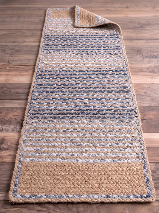 Handwoven Jute Cotton Ombre Rug, Blue Fade Braided Boho Decor
