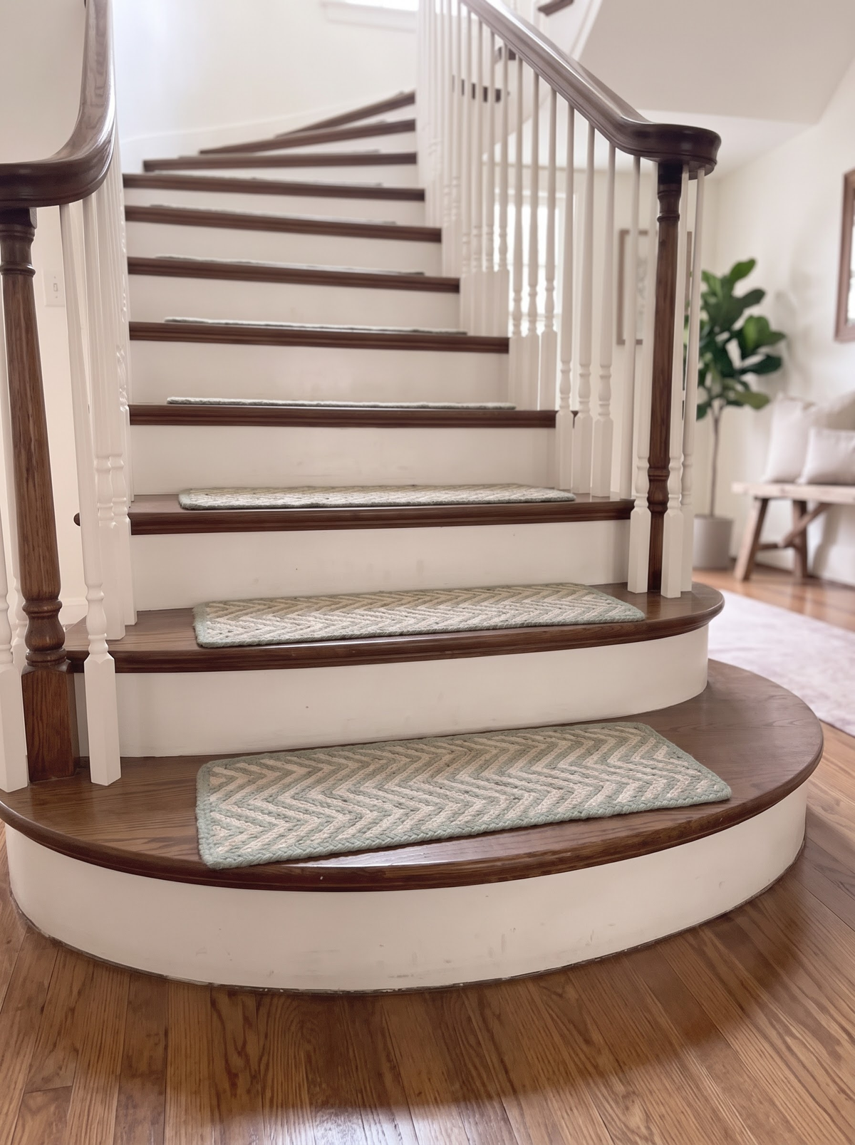 Celadon Green Handwoven Flame Stitch Stair Tread Mats, Rounded Corners, Cottage Style Decor