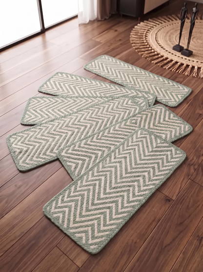 Celadon Green Handwoven Flame Stitch Stair Tread Mats, Rounded Corners, Cottage Style Decor