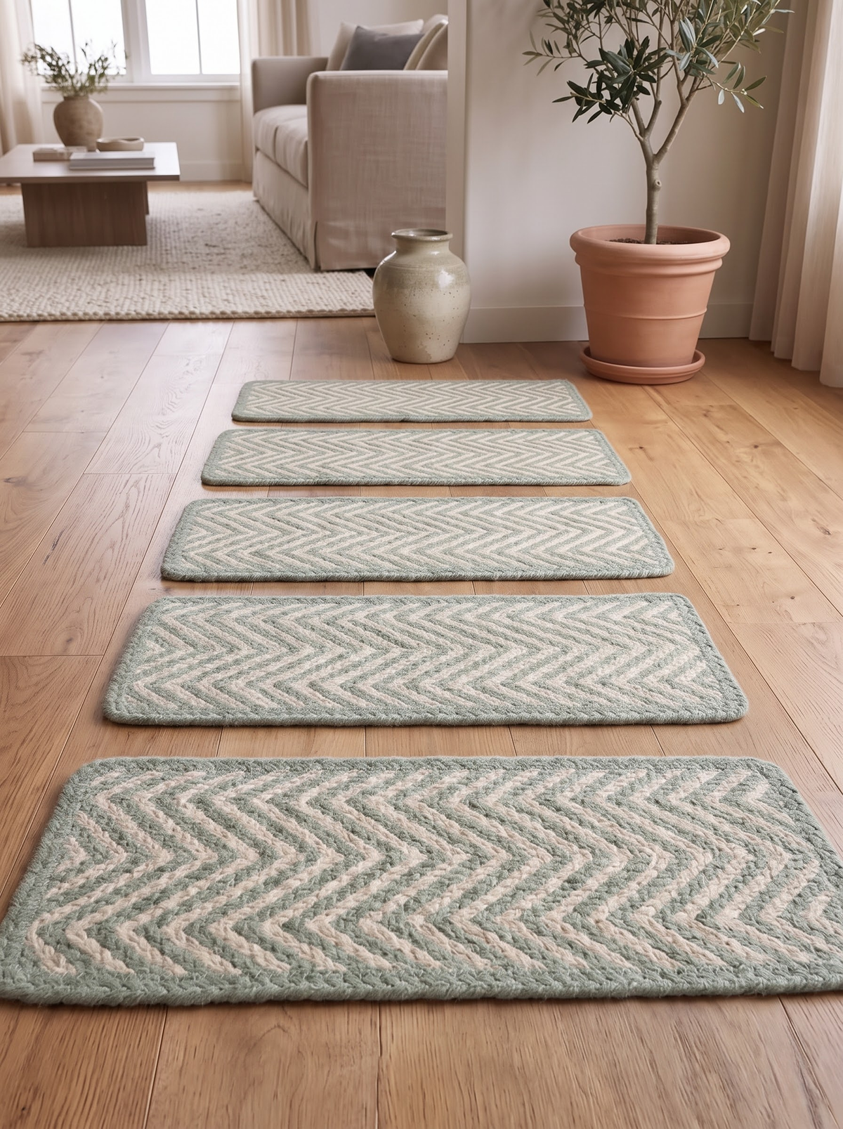 Celadon Green Handwoven Flame Stitch Stair Tread Mats, Rounded Corners, Cottage Style Decor
