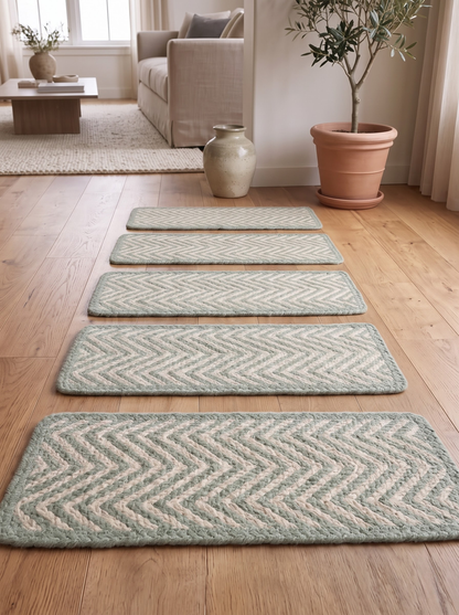 Celadon Green Handwoven Flame Stitch Stair Tread Mats, Rounded Corners, Cottage Style Decor