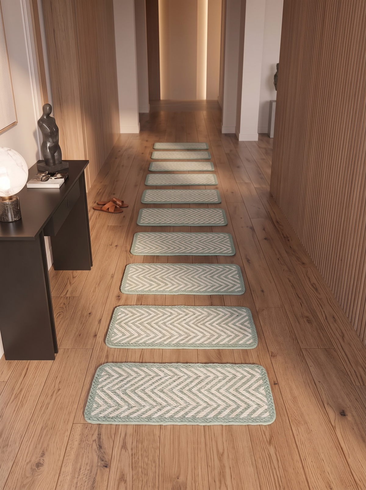 Celadon Green Handwoven Flame Stitch Stair Tread Mats, Rounded Corners, Cottage Style Decor