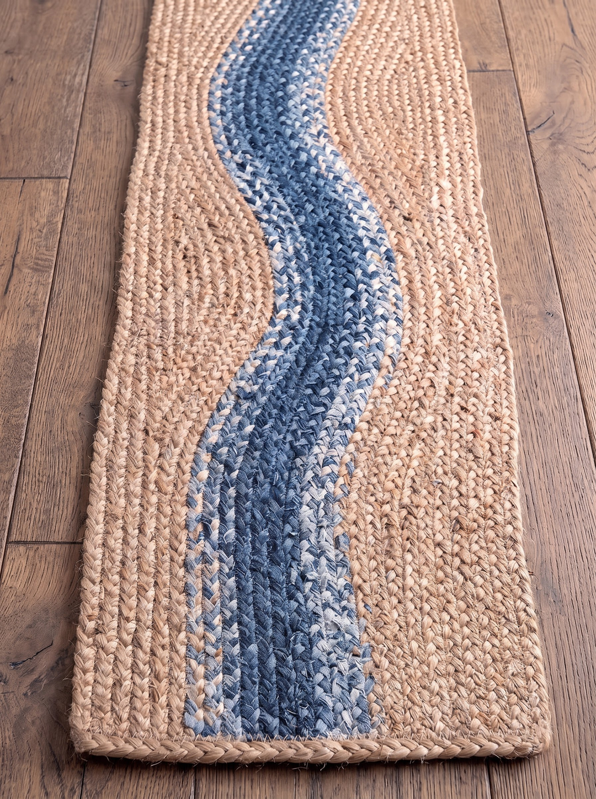 Handwoven Jute Cotton Stair Treads, Blue River Curve Design Step Mats