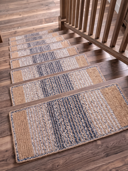 Handwoven Jute Cotton Ombre Rug, Blue Fade Braided Boho Decor