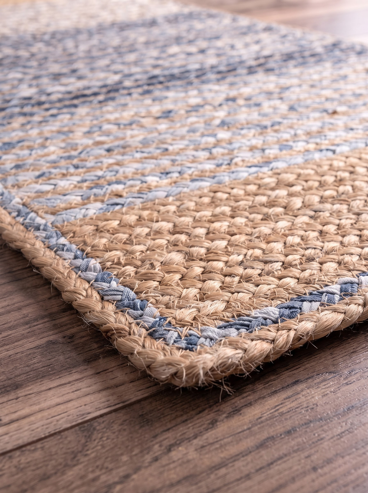 Handwoven Jute Cotton Ombre Rug, Blue Fade Braided Boho Decor