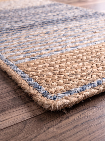 Handwoven Jute Cotton Ombre Rug, Blue Fade Braided Boho Decor