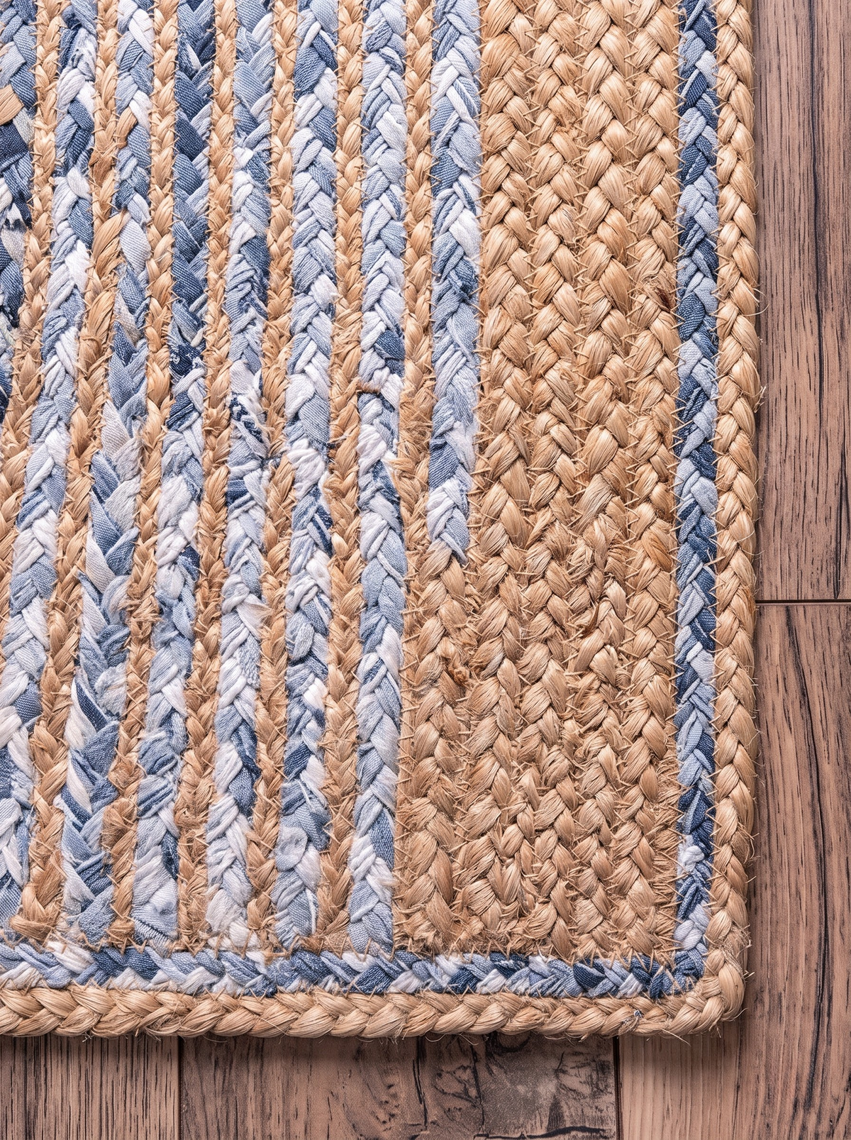 Handwoven Jute Cotton Ombre Rug, Blue Fade Braided Boho Decor