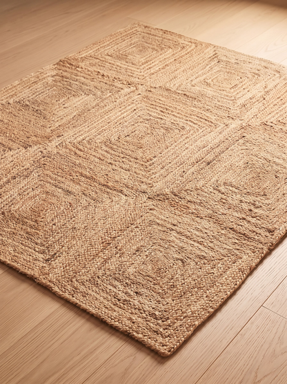 Natural Jute Stair Treads, Handwoven Geometric Square Tile Pattern, Farmhouse Boho Mats