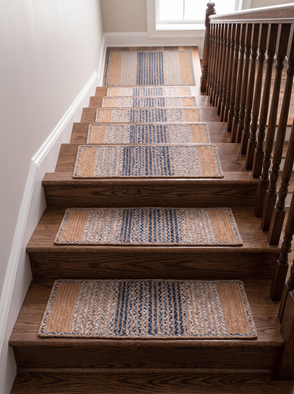 Handwoven Jute Cotton Ombre Rug, Blue Fade Braided Boho Decor