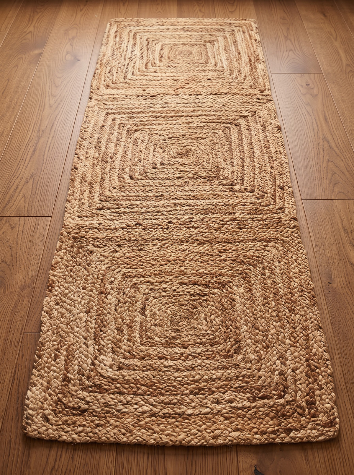 Natural Jute Stair Treads, Handwoven Geometric Square Tile Pattern, Farmhouse Boho Mats