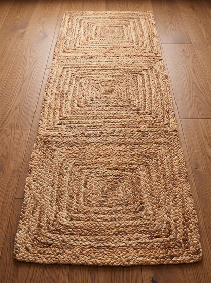 Natural Jute Stair Treads, Handwoven Geometric Square Tile Pattern, Farmhouse Boho Mats