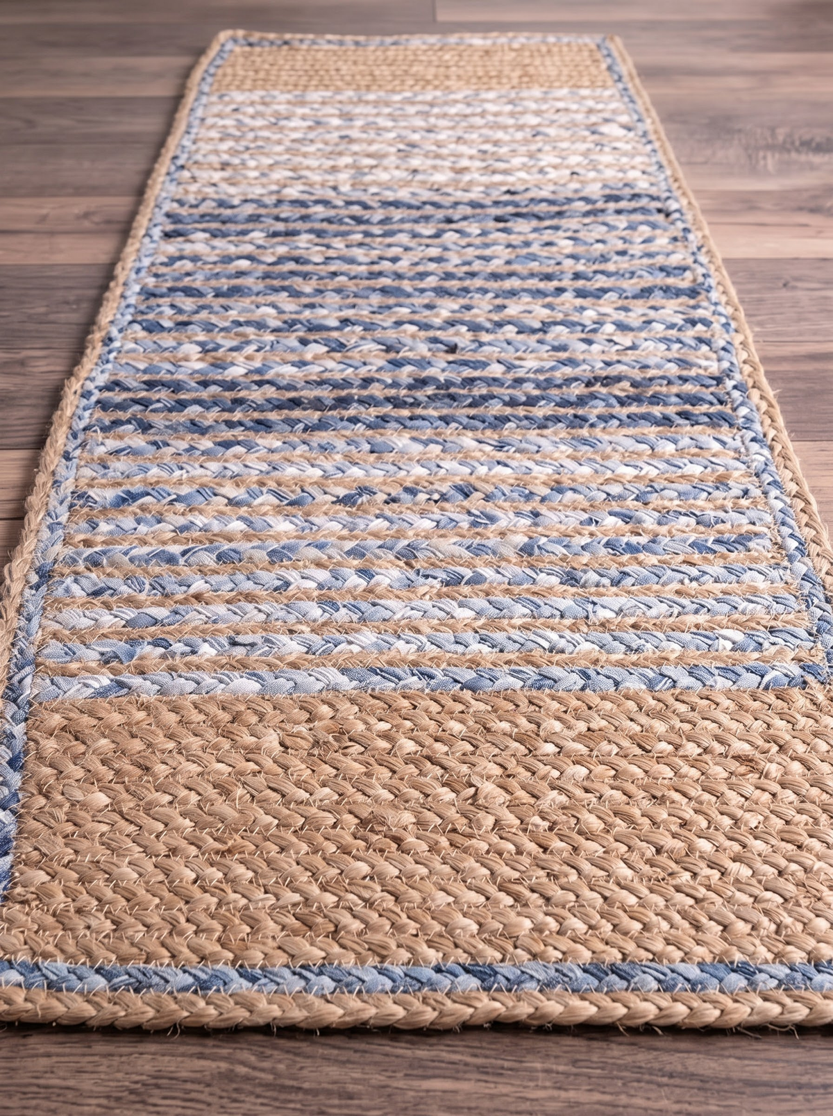 Handwoven Jute Cotton Ombre Rug, Blue Fade Braided Boho Decor