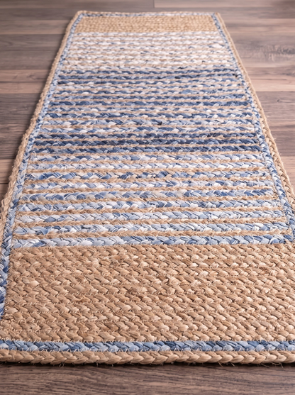 Handwoven Jute Cotton Ombre Rug, Blue Fade Braided Boho Decor