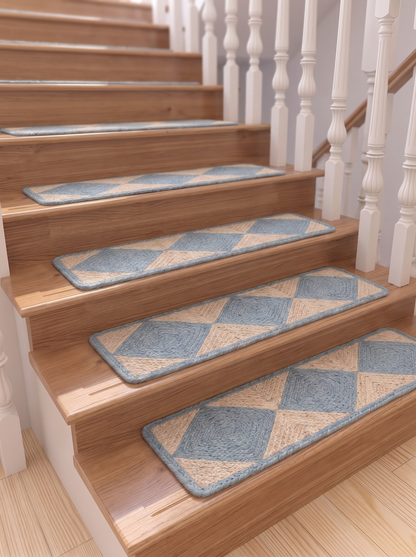 Grey Chevron Natural Jute Stair Treads, Braided Boho Farmhouse Step Mats