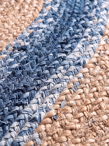 Handwoven Jute Cotton Stair Treads, Blue River Curve Design Step Mats