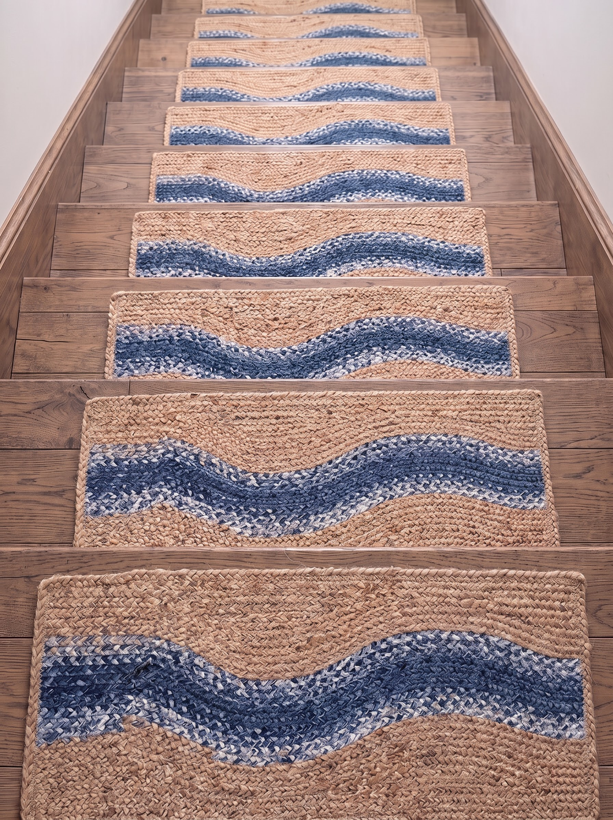 Handwoven Jute Cotton Stair Treads, Blue River Curve Design Step Mats