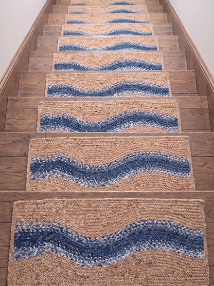 Handwoven Jute Cotton Stair Treads, Blue River Curve Design Step Mats
