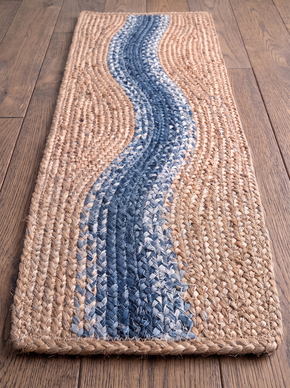 Handwoven Jute Cotton Stair Treads, Blue River Curve Design Step Mats