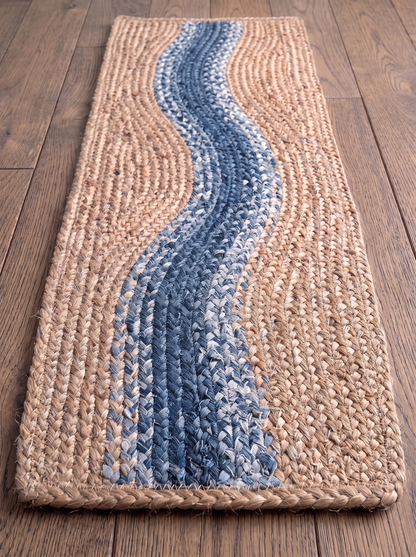Handwoven Jute Cotton Stair Treads, Blue River Curve Design Step Mats