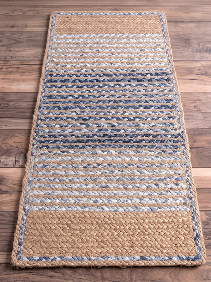 Handwoven Jute Cotton Ombre Rug, Blue Fade Braided Boho Decor