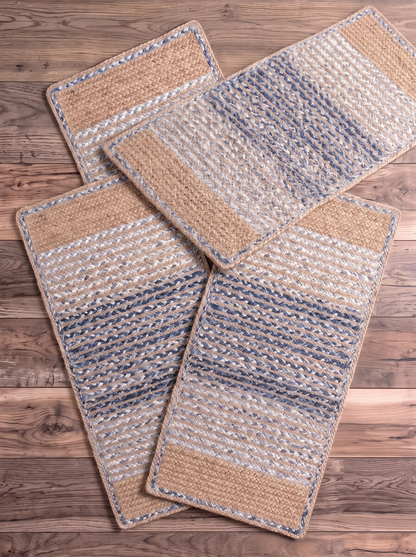 Handwoven Jute Cotton Ombre Rug, Blue Fade Braided Boho Decor
