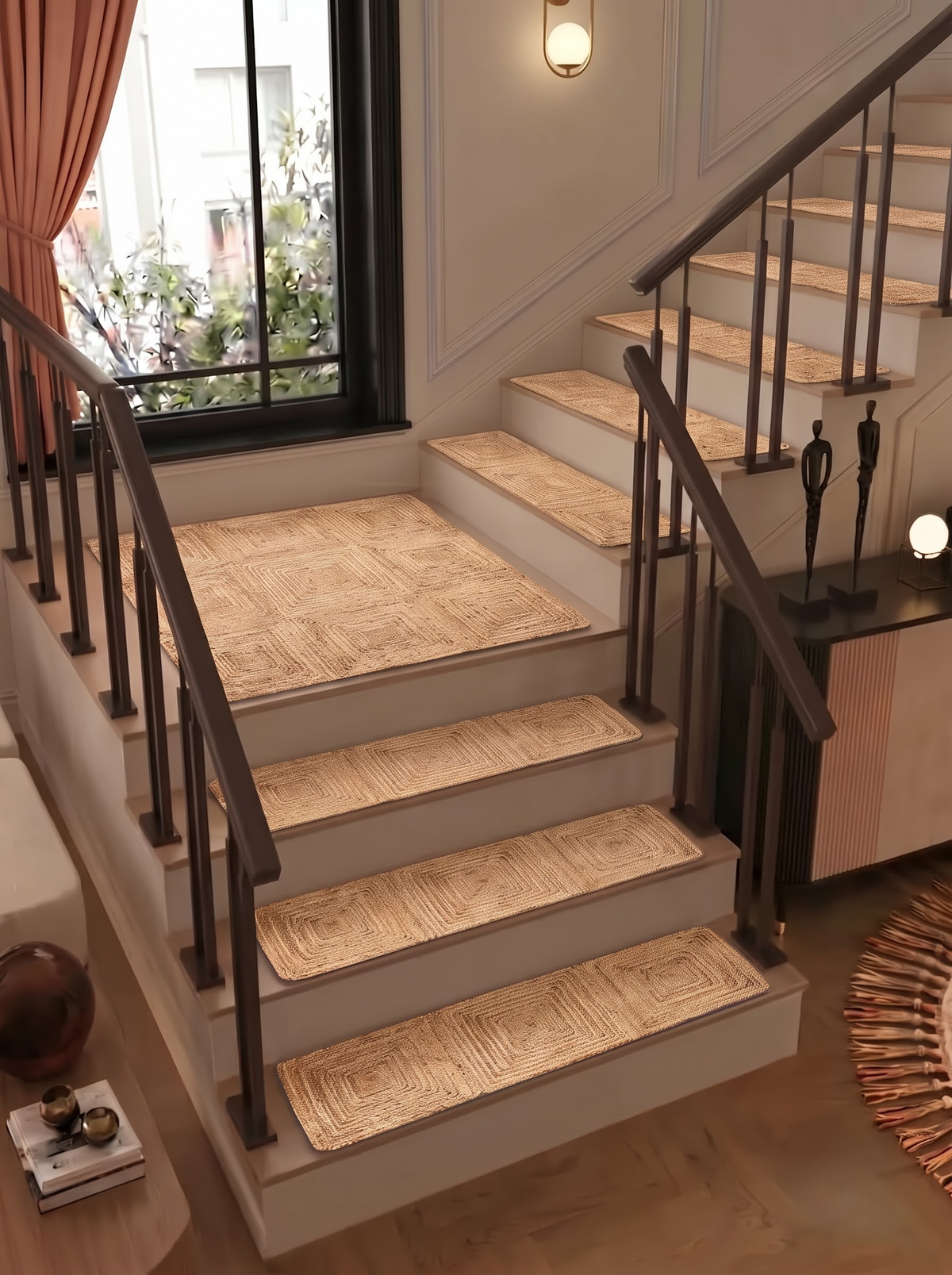 Natural Jute Stair Treads, Handwoven Geometric Square Tile Pattern, Farmhouse Boho Mats