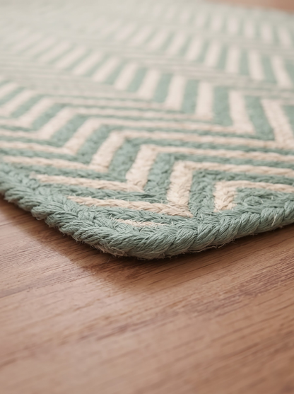 Celadon Green Handwoven Flame Stitch Stair Tread Mats, Rounded Corners, Cottage Style Decor