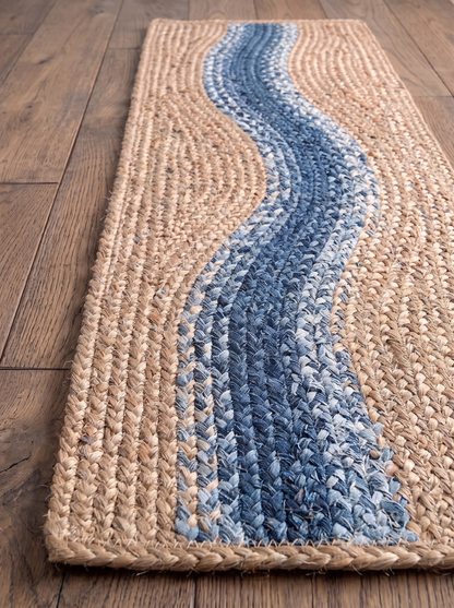 Handwoven Jute Cotton Stair Treads, Blue River Curve Design Step Mats