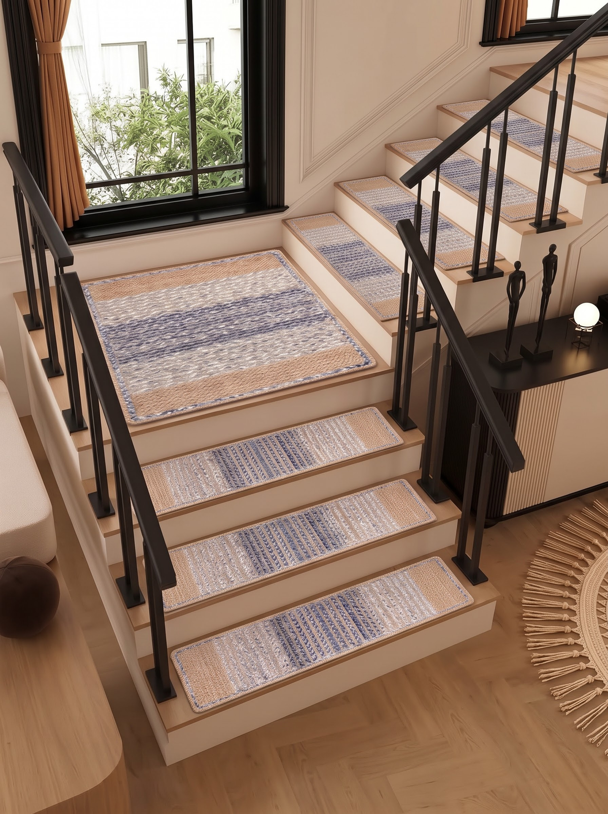 Handwoven Jute Cotton Ombre Rug, Blue Fade Braided Boho Decor