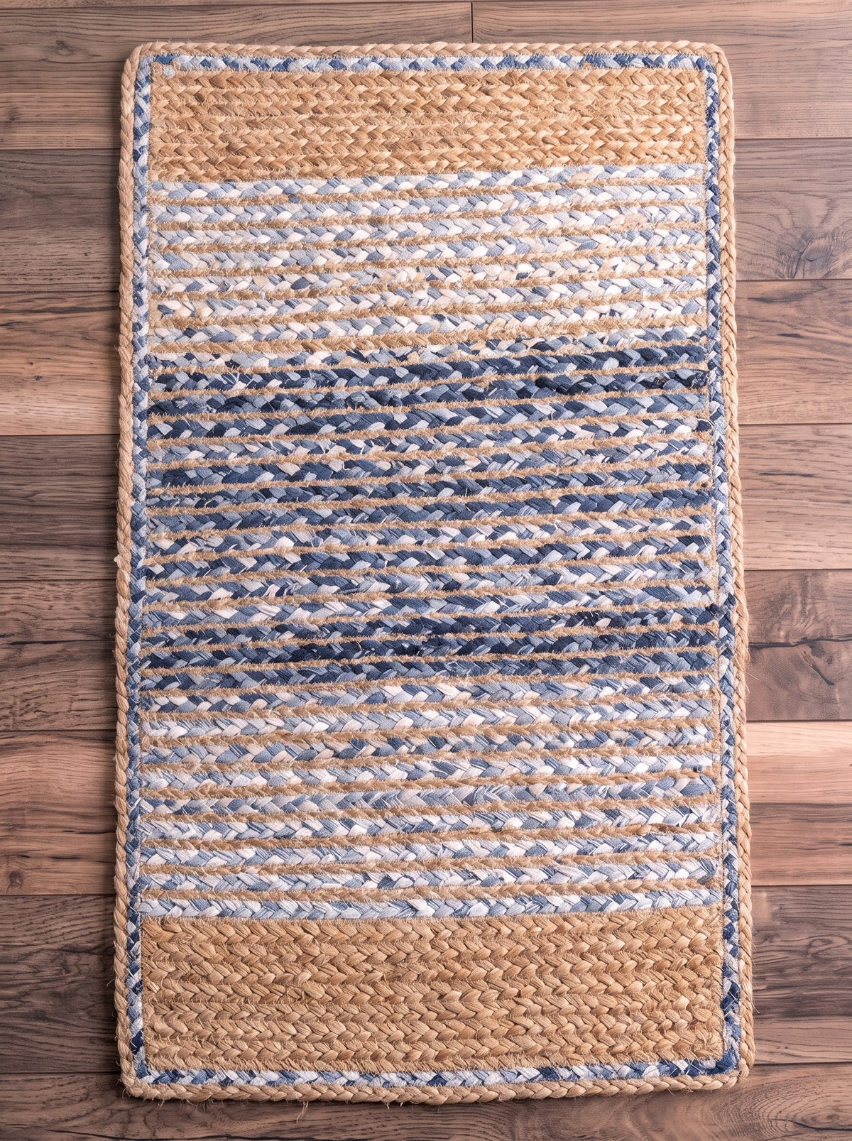 Handwoven Jute Cotton Ombre Rug, Blue Fade Braided Boho Decor