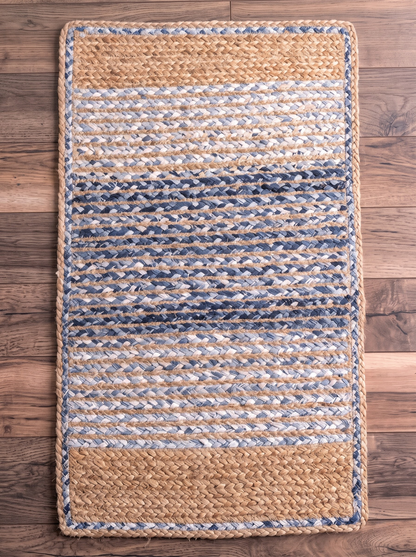 Handwoven Jute Cotton Ombre Rug, Blue Fade Braided Boho Decor