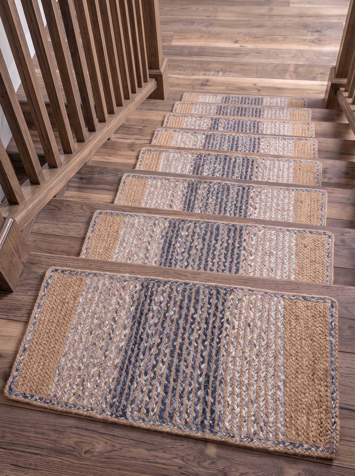 Handwoven Jute Cotton Ombre Rug, Blue Fade Braided Boho Decor