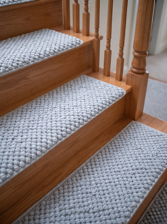 Powder Blue Wool Stair Treads Set, Pebble Non-Slip Carpet Mats, Coastal Farmhouse Rug