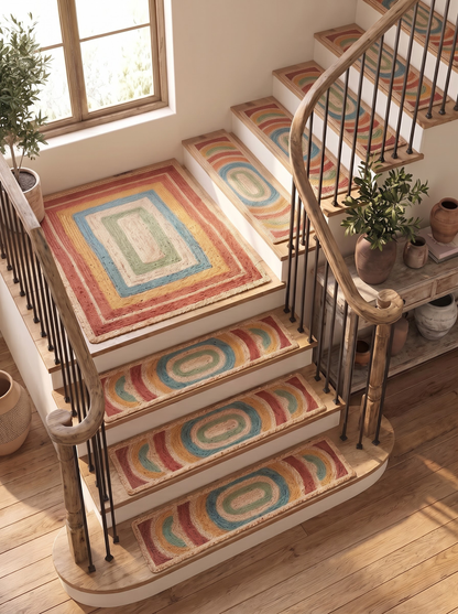 Braided Jute Stair Treads Set, Colorful Rainbow Boho Runner Rugs, Non-Slip Farmhouse Style