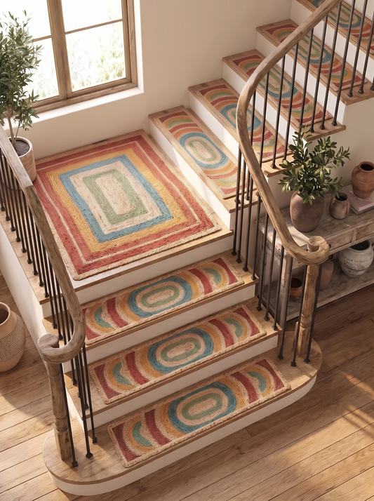 Braided Jute Stair Treads Set, Colorful Rainbow Boho Runner Rugs, Non-Slip Farmhouse Style