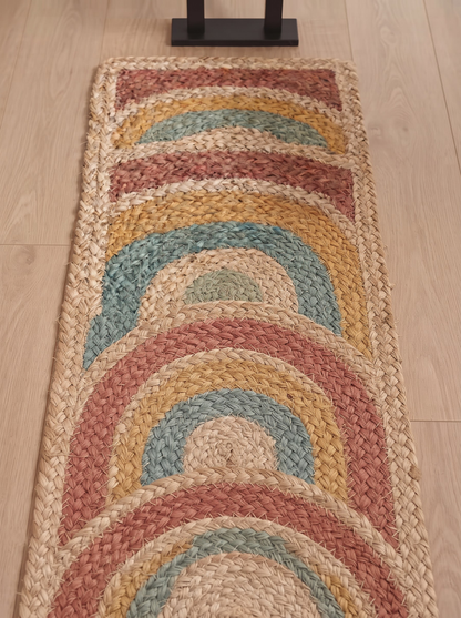 Braided Jute Stair Treads Set, Colorful Rainbow Boho Runner Rugs, Non-Slip Farmhouse Style
