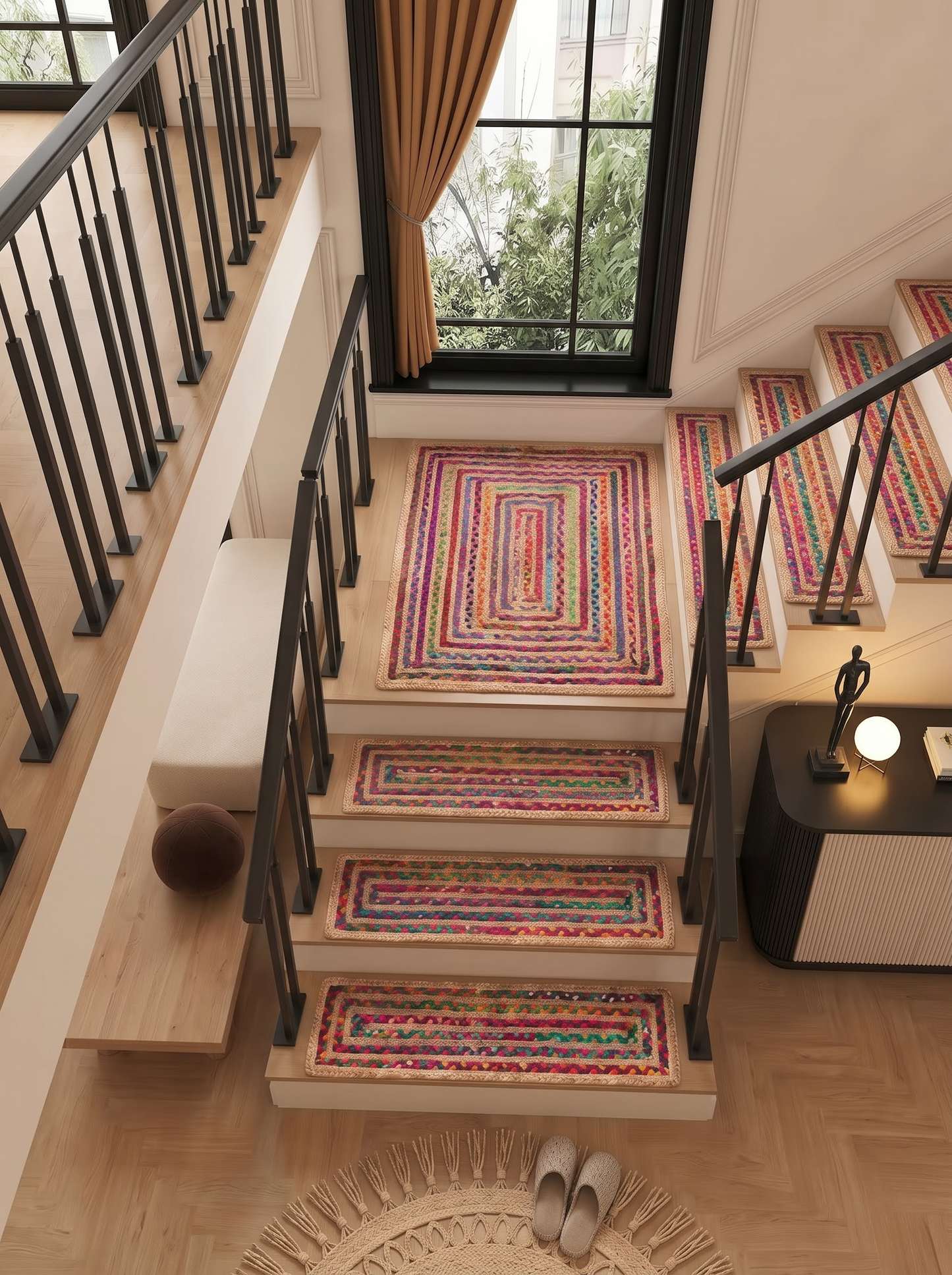 Multicolor Braided Jute Stair Treads, Country Farmhouse Step Mats