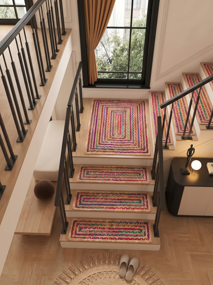 Multicolor Braided Jute Stair Treads, Country Farmhouse Step Mats