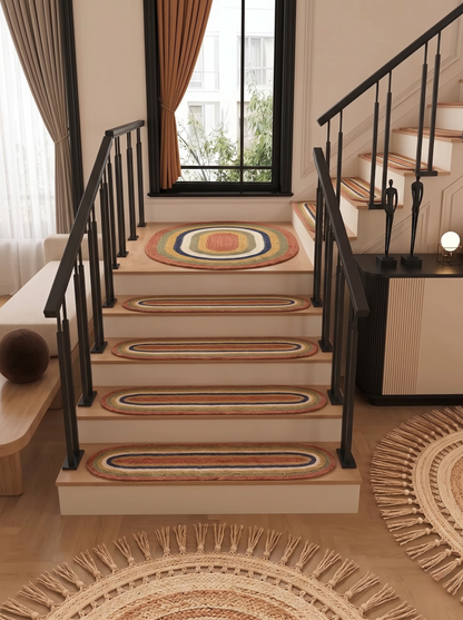 Multicolor Braided Jute Stair Treads, Country Farmhouse Step Mats