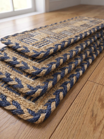 Multicolor Chindi Border Jute Stair Treads, Hand Braided Boho Mats